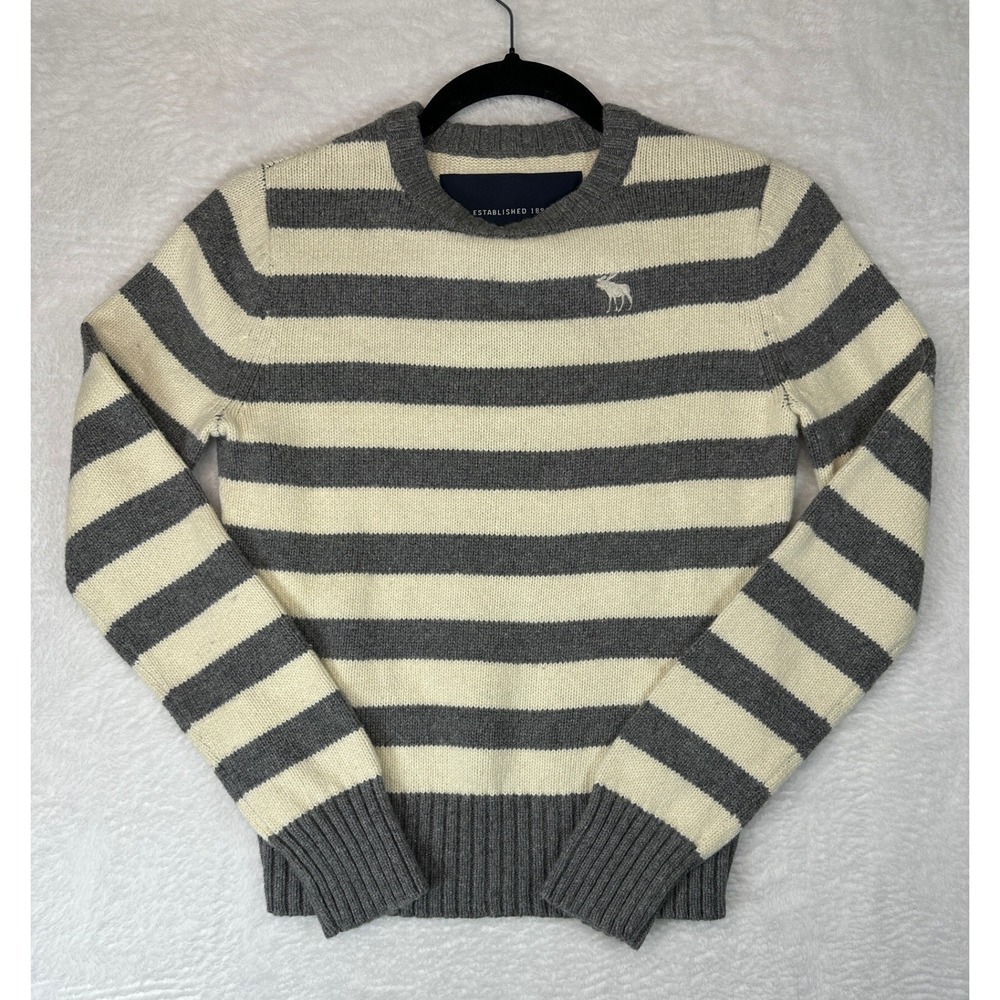 Abercrombie Striped Sweater Womens Medium Gray Cream Crewneck Logo 1482